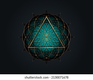 Sacred Geometry magic triangle symbol, third Eye sign. Geometric mystic mandala of alchemy esoteric Flower of Life. Gold line art vector circle divine meditative amulet isolated on black background