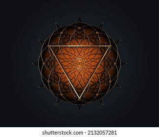 Símbolo del triángulo mágico de la geometría sagrada, tercer signo ocular. Mandala mística geométrica de la flor esotérica de la vida de alquimia. Línea dorada de arte vector círculo amuleto divino meditativo aislado en fondo negro