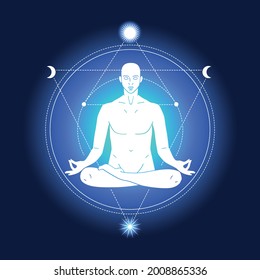 Sacred geometry. Man ornate silhouette sitting in lotus position. Meditation, aura and chakras.