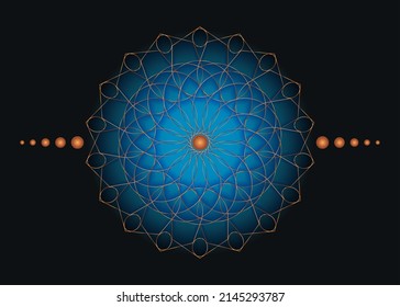 Sacred Geometry Mandala, blue flower gold meditative circle icon, geometric logo design, mystical religious wheel, Indian chakra concept, vector illustration isolated on black background 
