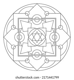 Sacred geometry mandala coloring page for adults. Abstract mystical signs vector illustration