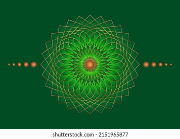 Sacred Geometry Mandala, green flower gold meditative circle icon, geometric logo design, mystical religious wheel, Indian Fourth chakra concept, vector illustration isolated on green background 