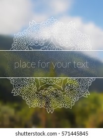 Sacred geometry mandala on realistic tropic background. Boho decorative elements. Place for your text. Good for yoga studio or meditation classes, flyer, card, invitation. Vector EPS10 illustration.