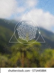Sacred geometry mandala on realistic tropic background. Boho decorative elements. Sky and jungle. Good for yoga studio or meditation classes, flyer, card, invitation. Vector EPS10 illustration.