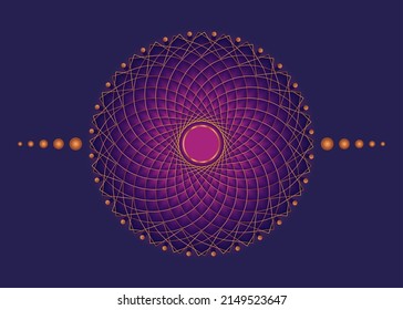 Sacred Geometry Mandala, pink flower gold meditative circle icon, geometric logo design, mystical religious wheel, Indian chakra concept, vector illustration isolated on purple background 