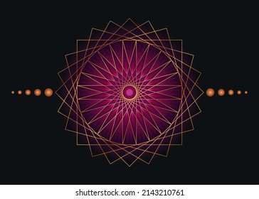 Sacred Geometry Mandala, purple flower gold meditative circle icon, geometric logo design, mystical religious wheel, Indian chakra concept, vector illustration isolated on black background 