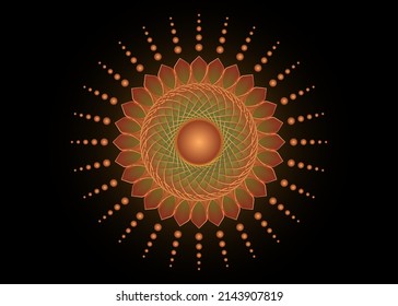 Sacred Geometry Mandala, Sun flower gold meditative circle icon, geometric radiant logo design, mystical religious wheel, Indian chakra concept, vector illustration isolated on black background 