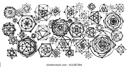 Sacred geometry mandalas background. Sacred symbols. Mandalas set. Black and white