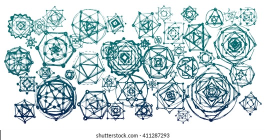 Sacred geometry mandalas background. Sacred symbols. Mandalas set. Green and blue color. Matter, space and time. Science of the Universe. Sacred scheme. 