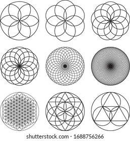 Sacred Geometry Mandalas in black outline with white background. Flower of life along with other sacred geometry symbols. Repeating circle pattern