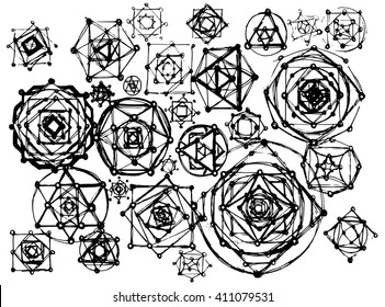 Sacred geometry mandalas. Cosmic, universe, big bang, alchemy, religion, philosophy, astrology, science, physics, chemistry and spirituality themes. Black and white.