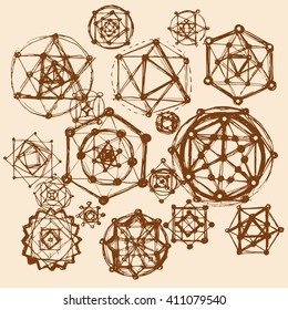 Sacred geometry mandalas. Cosmic, universe, big bang, alchemy, religion, philosophy, astrology, science, physics, chemistry and spirituality themes. Brown color