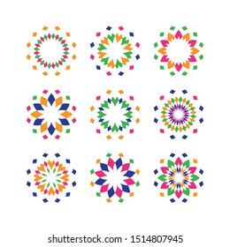 Sacred geometry mandalas. Set of round vintage floral elements. Colorful minimal geometric shapes. Business signs, labels, trendy hipster icons, logos, tattoos. Print for poster, background, symbols.