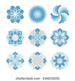 Sacred geometry mandalas. Set of round vintage floral elements. Blue geometric shapes arabesques. Collection of logotypes, business signs, labels, trendy icons. Print for poster, tiles, wallpaper.