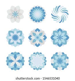 Sacred geometry mandalas. Set of round vintage floral elements. Blue geometric shapes arabesques. Collection of logotypes, business signs, labels, trendy icons. Print for poster, tiles, wallpaper.