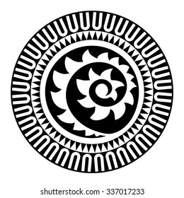 Sacred geometry, Maori tattoo, sun, shell, black and white, polynesian pattern, white background.