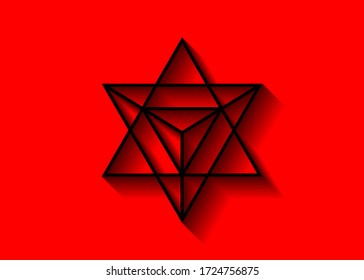 Geometría sagrada. Forma de triángulo geométrico de línea delgada Merkaba. símbolo esotérico o espiritual. aislado de fondo rojo. Icono del tetraedro de estrella. Cuerpo de espíritu claro, divinidad esotérica de wicca 