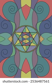 Geometría sagrada merkabah Ilustración vectorial de vitrales. Diseño de la cubierta del tarot. Elementos de energía esotérica en mandala. Vibrante tatuaje de alquimia espiritual con vibraciones islámicas, indias, orientales o árabes.