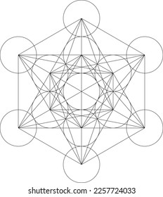 Heilige Geometrie. Metatronen Cube, Schlagvektorgrafik, ein mystisches Symbol, abgeleitet von der Blume des Lebens. Alle dreizehn Kreise sind mit geraden Linien verbunden. Schwarze Linien auf weißem Hintergrund. Abstrakt