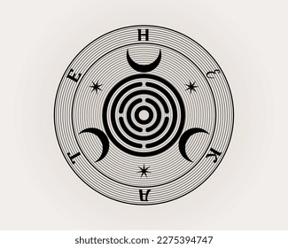 Sacred Geometry, the Mother Seal of Hekate alias Hecate Griechische Göttin von Witchcraft Underworld Necromancy Crossroads Spiritual Greco Roman Hexe Wicca Sigil, schwarzer Vektorgrafik einzeln auf weißem Hintergrund