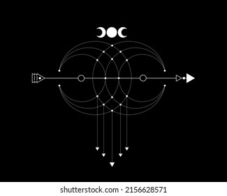 Sacred Geometry, mystical arrow and crescent moon, dotted lines in boho style, wiccan icon, alchemy esoteric mystical magic celestial talisman. Spiritual occultism vector isolated on black background