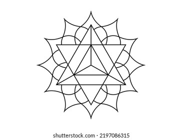 Sacred geometry, mystical symbol of the Merkabah, lotus flower in black tattoo line art, magic logo geometric mandala design, vector isolated on white background 