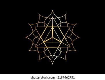 Sacred geometry, mystical symbol of the Merkabah, lotus flower in golden luxury line art, gold magic logo geometric mandala design, vector isolated on black background 