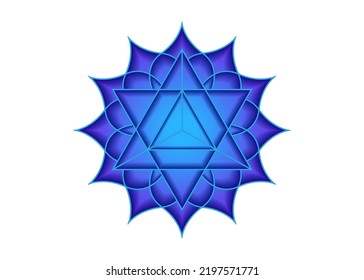 Geometría sagrada, símbolo místico del Merkabah, quinto Throat chakra, flor de loto de color azul, diseño de mandala geométrica con logotipo mágico, vector aislado en fondo blanco 