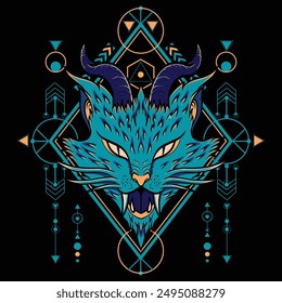 Sacred Geometry Mythical Cat Illustration with Tropical Colors, can use for t-shirt design, poster, sticker and more