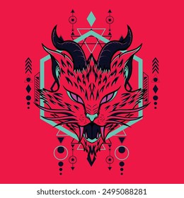 Sacred Geometry Mythical Cat Illustration with Retro Colors, can use for t-shirt design, poster, sticker and more