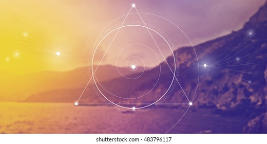 Sacred geometry of the nature. Website banner with interlocking geometry shapes, flows of energy and particles in front of colorful mountain and sea landscape.