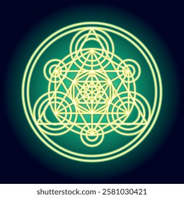Sacred geometry neon green symbol, representing interconnectedness, balance, and mathematical beauty
