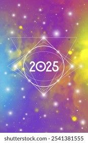 Sacred geometry New Year 2025 festive greeting card. Esoteric Holiday design on cosmic background for spirituality related event or calendar