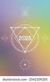 Sacred geometry New Year 2025 festive greeting card. Esoteric Holiday design on cosmic background for spirituality related event or calendar