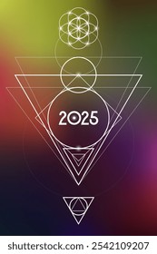 Sacred geometry New Year 2025 festive greeting card. Esoteric Holiday design on cosmic background for spirituality related event or calendar