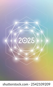 Geometria Sagrada Ano Novo 2025 cartão de saudação festiva. Projeto de feriado esotérico sobre fundo cósmico para evento ou calendário relacionado à espiritualidade