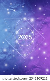 Sacred geometry New Year 2025 festive greeting card. Esoteric Holiday design on cosmic background for spirituality related event or calendar