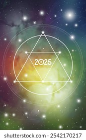 Sacred geometry New Year 2025 festive greeting card. Esoteric Holiday design on cosmic background for spirituality related event or calendar