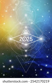 Sacred geometry New Year 2025 festive greeting card. Esoteric Holiday design on cosmic background for spirituality related event or calendar