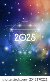 Sacred geometry New Year 2025 festive greeting card. Esoteric Holiday design on cosmic background for spirituality related event or calendar