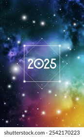 Heilige Geometrie Neujahr 2025 festliche Grußkarte. Esoterisches Urlaubsdesign auf kosmischem Hintergrund für spirituelle Ereignisse oder Kalender