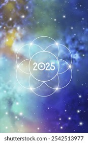 Sacred geometry New Year 2025 festive greeting card. Esoteric Holiday design on cosmic background for spirituality related event or calendar