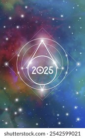 Sacred geometry New Year 2025 festive greeting card. Esoteric Holiday design on cosmic background for spirituality related event or calendar