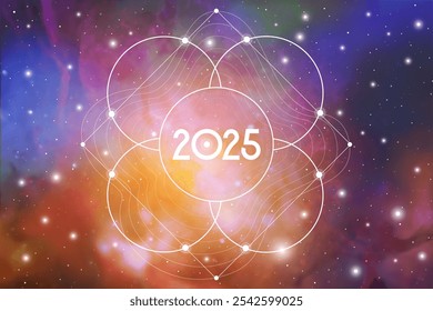 Sacred geometry New Year 2025 festive greeting card. Esoteric Holiday design on cosmic background for spirituality related event or calendar