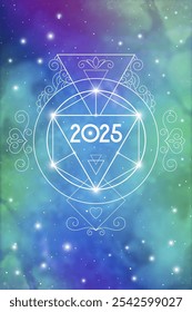 Sacred geometry New Year 2025 festive greeting card. Esoteric Holiday design on cosmic background for spirituality related event or calendar