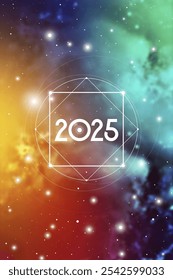 Sacred geometry New Year 2025 festive greeting card. Esoteric Holiday design on cosmic background for spirituality related event or calendar