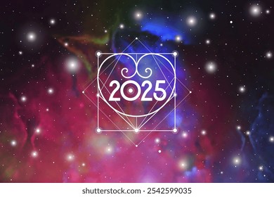 Geometria Sagrada Ano Novo 2025 cartão de saudação festiva. Projeto de feriado esotérico sobre fundo cósmico para evento ou calendário relacionado à espiritualidade