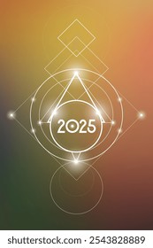 Sacred geometry New Year 2025 festive greeting card. Esoteric Holiday design on cosmic background for spirituality related event or calendar