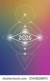 Geometria Sagrada Ano Novo 2025 cartão de saudação festiva. Projeto de feriado esotérico sobre fundo cósmico para evento ou calendário relacionado à espiritualidade