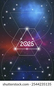 Sacred geometry New Year 2025 festive greeting card. Esoteric Holiday design on cosmic background for spirituality related event or calendar